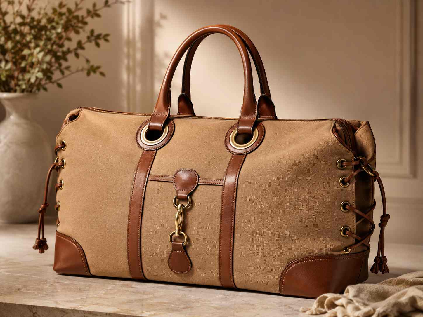 eyelets for handbags, Dark metal eyelets for handbags are fitted around the handles and laced sides of a tan travel bag.